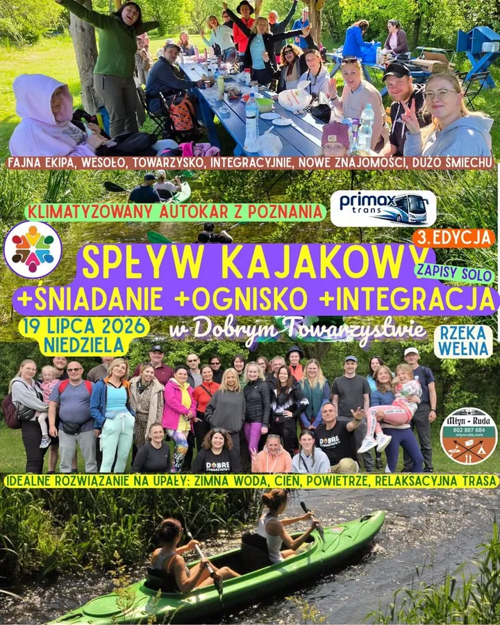 SPŁYW KAJAKOWY w Dobrym Towarzystwie [19.07] - sparujemy Cię - autokar+śniadanie+ognisko+integracja