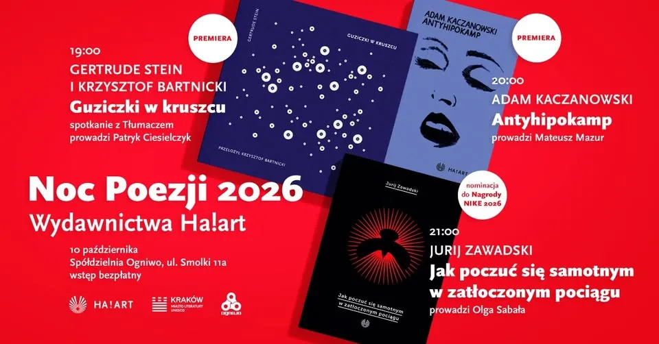 Noc Poezji Wyd. Ha!art 2026: Stein, Bartnicki, Kaczanowski, Zawadzki, Sabała, Mazur, Ciesielczyk