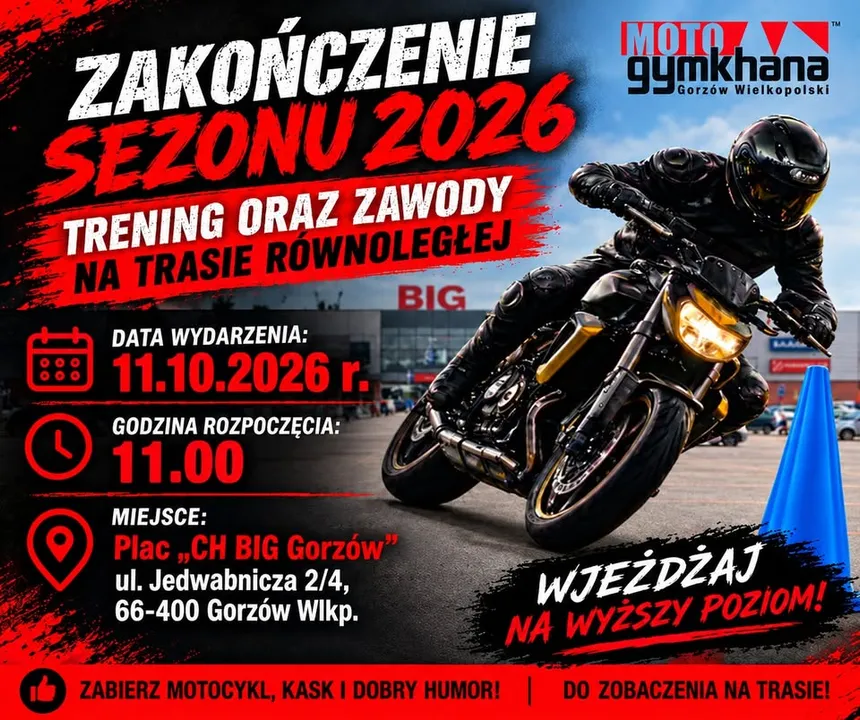 ZAKOŃCZENIE SEZONU 2026 – TRENING OTWARTY – ZAWODY MOTOGYMKHANY NA TRASIE RÓWNOLEGŁEJ